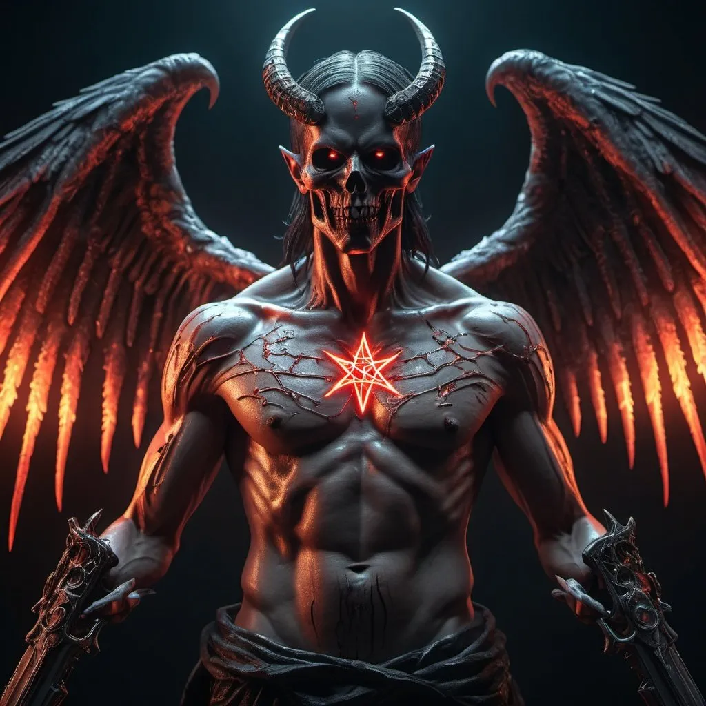 Prompt: Horror-themed realistic photo of a evil demon with rotting angel wings and holding a broadsword,glowing red pentagram burns like lava on his chest piece,unreal engine 5 quality render cinematic lighting 8k resolution concept art by giger trending on cgsociety,dramatic light,hdr,vivid color scheme,cyberpunk,neon noir style,sci-fi atmosphere,hyper realism,octane,god rays,volumetric,golden ratio,cool 4d,retrowave,in the year 2021,award winning masterpiece,depth,deep focus,black metal,true to life,natural skin,high detailed body,very detailed scene,shadows,detailed background,highly detailed skin,accurate to life,living image,amazingly lifelike .,glow effects,godrays,Hand drawn,render,8k,octane render,cinema 4d,blender,dark,atmospheric 4k ultra detailed,cinematic,Sharp focus,big depth of field,Masterpiece,colors,3d octane render,4k,concept art,trending on artstation,hyperrealistic,Eerie,unsettling,dark,spooky,suspenseful,grim,highly detailed,