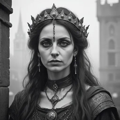 Prompt: Gothic art painting style, closeup shot of beautiful Visigoth woman, 40 years of age, in the year 500 A.D. in the foggy city of London, black and white antique photograph, tarnished film, disheveled hair, wispy hair, medieval hair style and accessories, solemn look, relaxed pose