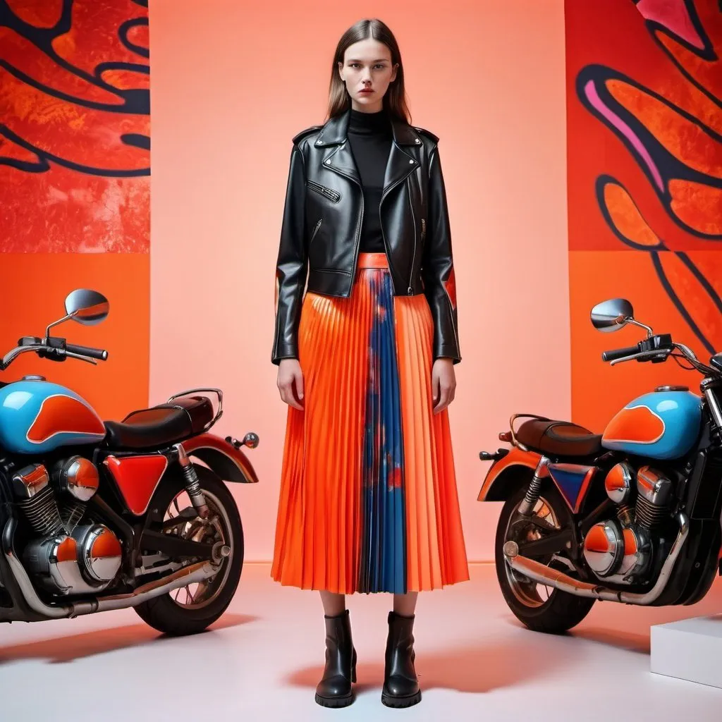 Prompt: a woman wearing a  dress made from leather, which is a mix motorcycle jacket and a long pleated skirt. With colourfull red orange neon patterns  Digital print to with still life, backdrop minimal stage, 3 variations on models