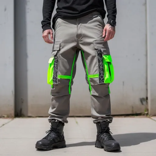 Prompt: Tech wear Spanish grey pants with multipal tactical pockets for storage straps and cryptic symbols in uv neon greenJapanese streat wear cargo pants