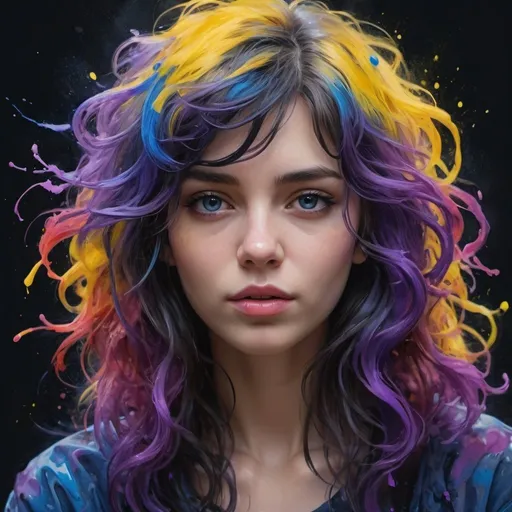 Prompt: Colorful beautiful girl: a giru 28-years old, messy hair, oil painting, nice perfect face with soft skinice perfect face, blue yellow colors, light purple and violet additions, light red additions, intricate detail, splash screen, 8k resolution, masterpiece, cute face,artstation digital painting smooth veryBlack ink flow: 8k resolution photorealistic masterpiece: intricately detailed fluid gouache painting: by Jean Baptiste Mongue: calligraphy: acrylic: watercolor art, professional photography, natural lighting, volumetric lighting maximalist photoillustration: by marton bobzert:, complex, elegant, expansive, fantastical, wavy hair, vibrant, Best quality details, realistic, High definition, High quality texture, epic lighting, Cinematic film still, 8k, soft lighting, anime style, masterful playing card border, random Colorful art, oil painting, blue yellow colors, light purple and violet additions, light red additions, intricate detail, splash screen, 8k resolution, masterpiece, artstation digital painting smooth veryBlack ink flow: 8k resolution photorealistic masterpiece: intricately detailed fluid gouache painting: by Jean Baptiste Mongue: calligraphy: acrylic: watercolor art, professional photography, natural lighting, volumetric lighting maximalist photoillustration: by marton bobzert:, complex, elegant, expansive, fantastical, vibrant