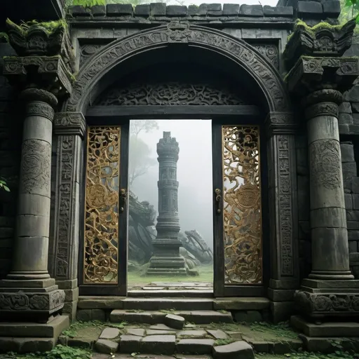 Prompt: scenography，Very unified CG scenes，（well worn），（Dense fog）
（There is an ancient and mysterious huge glass door in the ruins，Connect different time and space with the sky.），Its appearance is dark black，Inlaid with intricate golden patterns，Give people a kind of solemnity、mystical feeling。There are some ancient symbols carved on the door，It is said to be a spell used to open the door to time and space..。The ruins are a place full of mystery and mystery， (There are thick vines everywhere，entwined with ancient swaying boulders.：0.65），（Tall stone walls collapsed into thick green vines），Each of their stones looks exquisite，Presenting spectacular architectural aesthetics。Each stone wall is carved with intricate patterns，Every detail reveals a unique artistic sense。But these carvings weathered the storm，Many are incomplete， You can travel through time in these ruins，Towering temples and spectacular stone pillars are left only in ruins and desolate scenes.。 You can also see stone statues of different shapes scattered everywhere..，The statue has weathered hundreds of years，