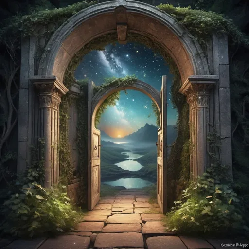 Prompt: The prompt generated with the given theme "Forgotten Gateway of Time and Space" is as follows:

```
forgotten gateway of time and space,aged weathered stone archway,pastel sunset fading into twilight,mysterious worn-out inscriptions,buried secrets and ancient wisdom,enchanted atmosphere,faintly glowing,ancient moss-covered stone floors,whispers of forgotten legends,distant shimmering stars,portal to another dimension,glimpses of distant galaxies,faded memories of forgotten travelers,mystical energy radiating from the gate,crumbling celestial gate,overgrown with ivy and vines,dark ruins of an alien civilization,unraveling cosmic mysteries,sublime connection between past and future,magical convergence of time and space,hidden door to parallel universes,dissolving boundaries between dimensions,mysterious flickering lights,celestial harmony,healing aura of the gateway,cosmic symphony of colors,transcendent experience,transformation beyond imagination,unveiling hidden truths,whispering echoes of the universe,breathtaking celestial landscape,vortex of swirling stars and galaxies,ever-changing cosmic patterns,mirage of timelessness,cosmic ballet of planets and constellations,surreal serenity of the gateway,hallway to the infinite.
```

Remember, the prompt is a combination of tags describing the main subject of the image, materials used, additional details, image quality, art style, color tones, and lighting.