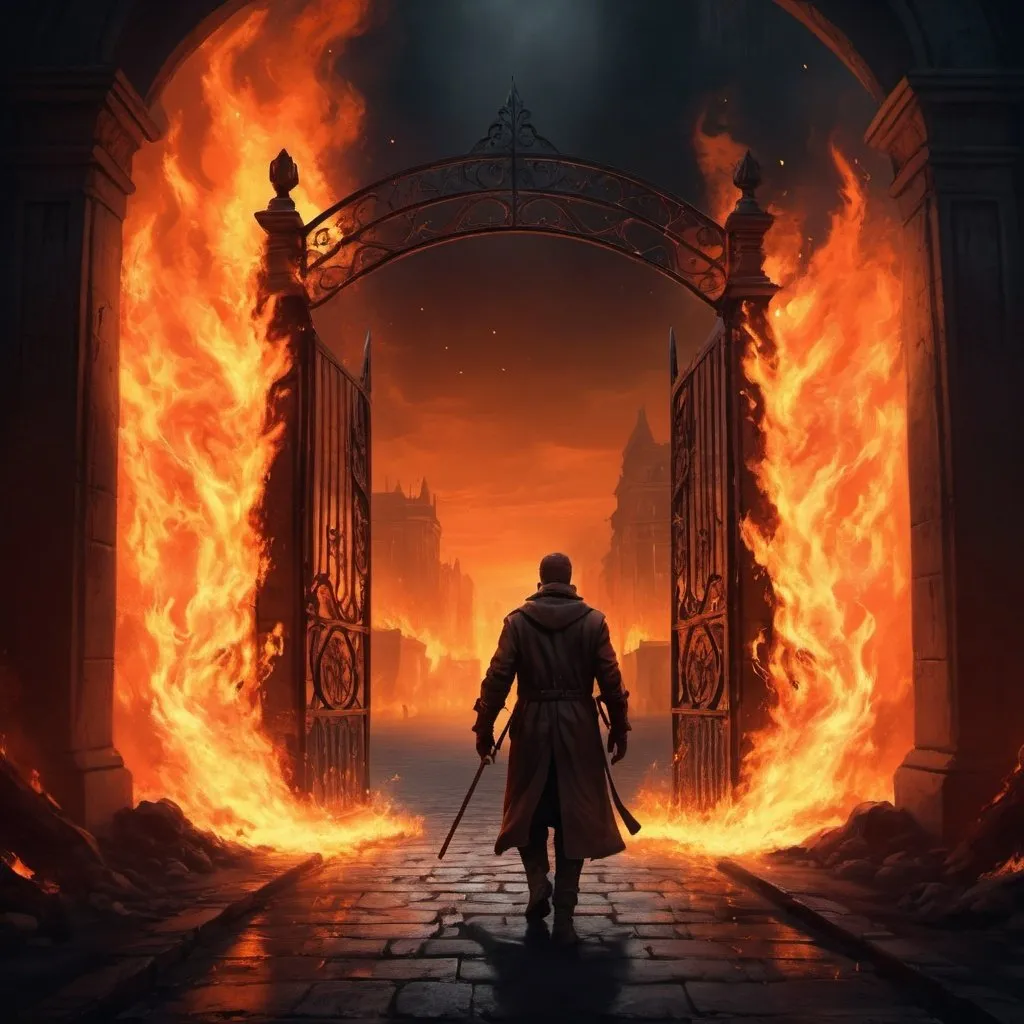 Prompt: A man walks through the gate，flaming background，The Lost Gate of the Domain of Fire，dramatically art，dark cinematic concept art，Epic digital art，epic cinematic concept art，digital painting concept art