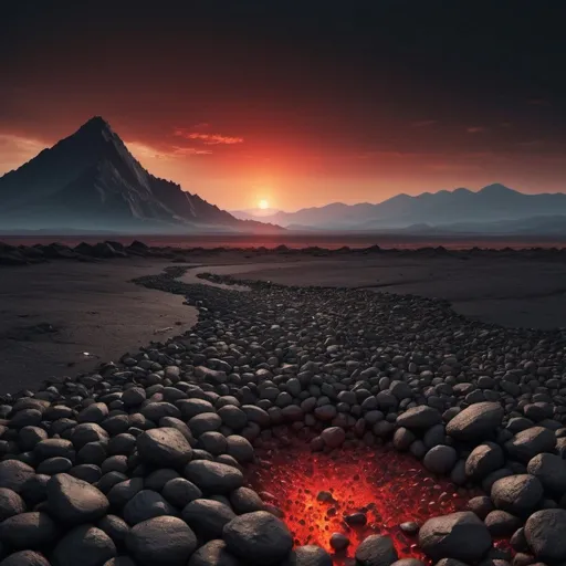 Prompt: here is a lifeless black scorched earth with stones to the horizon and a mountain in the distance (masterpiece), (best quality), CG 8k wallpaper, evening landscape, black, gray, red tones, setting sun, black earth