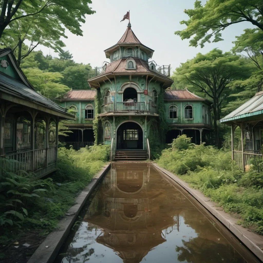 Prompt: ((top-quality、8K、​masterpiece：1.3))、An amusement park、Abandoned amusement park,abandoned amusement park、Broken、dilapidated building、Buildings overgrown with plants、creepy atmosphera，jpn、puddles