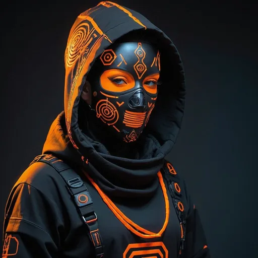 Prompt: Cyberpunk  tribal shamanic  futuristic tactical  gear nomad shamanic clothing
pant , hoodie poncho shamanic onaments face tactical mask 
tech wear black fabric  with symbol and cryptic signs and hexoganal hive patern designs in neon uv orange