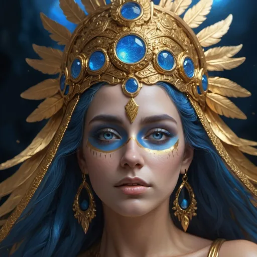 Prompt: a close up of a woman with a gold headdress and a blue face, goddess. extremely high detail, extremely detailed goddess shot, goddess close-up portrait, 4k highly detailed digital art, god. dramatic gold blue lighting, fantasy art behance, detailed fantasy digital art, portrait of a beautiful goddess, 4 k detail fantasy, a stunning portrait of a goddess