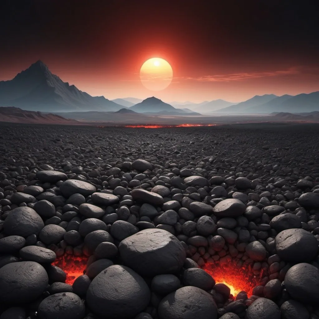 Prompt: here is a lifeless black scorched earth with stones to the horizon and a mountain in the distance (masterpiece), (best quality), CG 8k wallpaper, evening landscape, black, gray, red tones, setting sun, black earth
