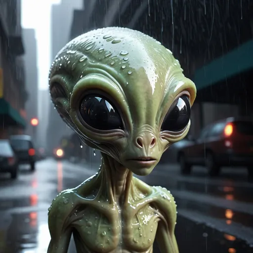 Prompt: hyper realistic, cute alien, rain effect, 64k resolution photorealistic Masterpiece by Ridley Scott, intricately detailed fluid painting, HD, professional photography, dark lighting, volumetric lighting maximalist photo illustration, 64k resolution concept art with intricately detailed, complex, elegant, expansive, fantastical, ultra sharp, k,