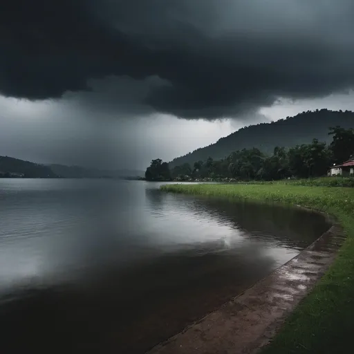 Prompt: "Dark and melancholic atmosphere by the lakeside with small hills, amidst pouring rain, under dark clouds."