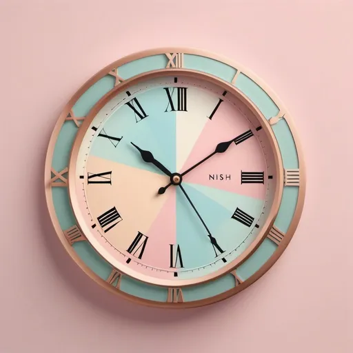 Prompt:  **"Create a logo in pastel tones with a realistic effect. Use the letters 'NISH' to form an emblem spelling out 'Express otdelka'. Incorporate beautiful clocks into the design, with the letter 'X' representing a clock hand." --s 750  --ar 8:5 --s 750 --v 6.0