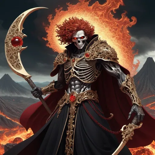 Prompt: Hades，The Grim Reaper armed with a giant scythe,（wear：black robe，），fire breathing eyes，angry expression，(hairstyle: red curly hair，)，beard, roman mythology，8k wallpaper,good quality eyes，right eye，right hand， Super detailed, beautiful and beautiful, masterpiece, best quality, (Fractal art: 1.3), mountains, Machine detailed, Dynamic angle, Cowboy shooting, The most beautiful form of chaos, elegant, brutalist design, Bright colors, , volcano,hell, bubble, shells, Blood, pearl，magma,flame, Libra, shells, skull, soul，Hold the scythe，Retro Style，（tangled，mandala，tangled，entangled）， (Fractal art: 1.3)，divine light，gold foil，gold foil艺术，flash drawing，delicate face