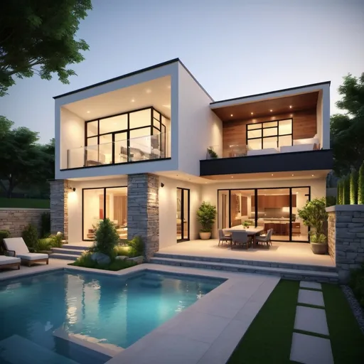 Prompt: realistic, Modern, luxurious bright and small house at house. The design features clean lines, and a mix of materials, including stone. Small windows. The landscaping is meticulously designed, with American inspired landscape and pathways that complement the contemporary architecture. The lighting adds a warm and inviting ambiance, highlighting the architectural details. With modern swimming pool.