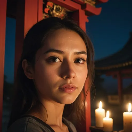 Prompt: A detailed image of a young and beautiful woman's close-up face standing at a shrine during midnight, taken with a cinematic camera, using portrait with cinematic lighting --ar 9:16 --s 1000 --v 6.0