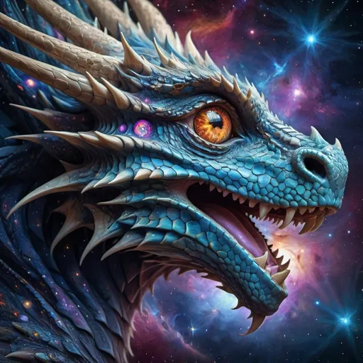 Prompt: (High resolution, incredibly detailed, masterpiece), intricate close up portrait of a beutifull dragon with inside his eye the universe and stars ,beautifull face,in space , featuring fractal geometry in (vibrant colors:0.6), set against a (galactic background:1.8), bringing together complex, mesmerizing shapes and patterns,dmt ,fractal art,stars and galaxies