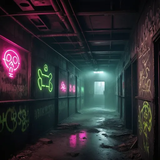 Prompt: Scary environments, ghosts, industrial site with cryptic symbols on the wall in neon colours spraypainted signs on the wall smoke mist fog in the atmosphere creepers taking over the place details --auto