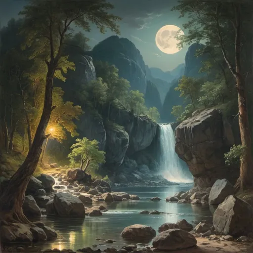 Prompt: painting of a river with rocks and trees in the foreground, por Martinus Rørbye, por Adolf Hölzel, por Adolf Schrödter, by Karl Otto Götz, por Vilhelm Lundstrom, by Antón Otto Fischer, by Joseph von Führich, por Carl Eugen Keel, por Adolf Born, near a river, landscape, jungle, waterfall, crystal clear water, night light, full moon, colorful, river with rocks, rock bridge, epic, fantasy,