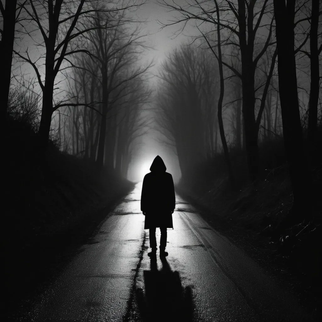 Prompt: the dark side of the road, eerie person silhouette, eerie thriller aesthetic!!!!, dark eerie photograph, dark eerie photo, u