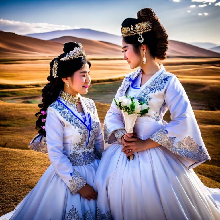 Prompt: Hyper Realistic Long shot, Khutulun Mongol Princess, marriage to a man, majestic Mongolian landscape, traditional wedding attire, intricate details, historical accuracy, intense emotion, powerful legacy, --ar 16:9 --q 1 --stylize 500