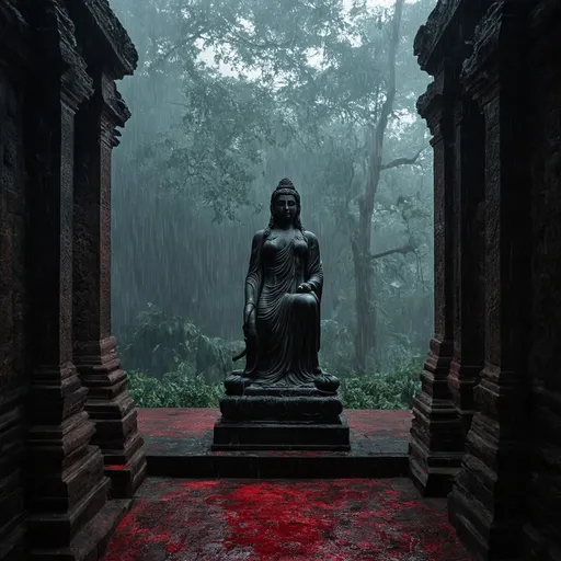 Prompt: A blood-red temple walls and floring in an ancient temple  stone statue of an ancient godess sculpture of divine gods in the rain forest mist smog and fog in the blood on the temple floor flooring atmosphere and pure black ston temple in the forest  cinematic photoshoot realistic lightings ulta hdr 32k high resolution, smooth and delicate skin, noble and elegant, ultra-realistic photography vibe, shot with Canon camera, intricate details, 32k --ar 16:9 --s 750 --v 6.1