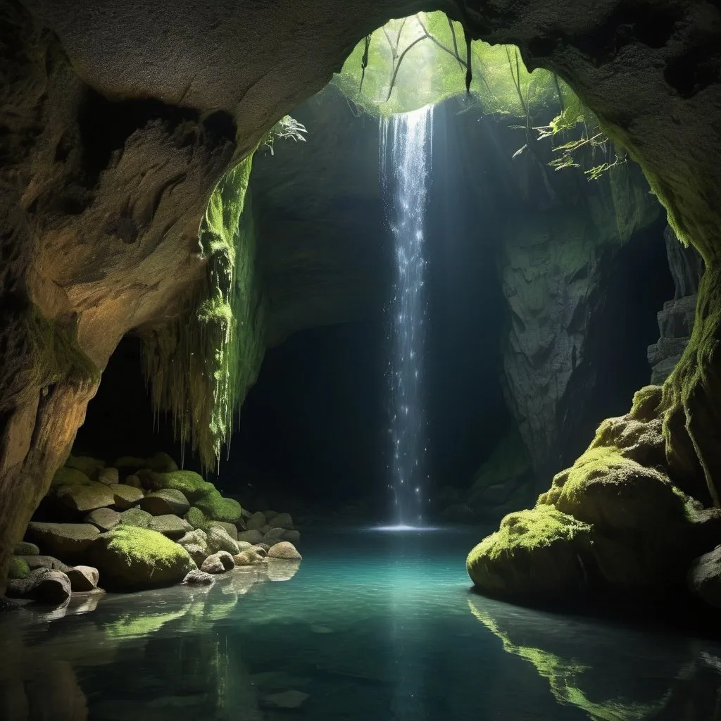 Prompt: (a) cave behind a waterfall, detailed rock formation, hidden entrance, sparkling water, moss-covered walls, mysterious atmosphere, beautiful natural light, shimmering water droplets, secret sanctuary, hidden treasures, serene atmosphere, immersive experience, tranquil sound of water, ethereal mist, echo of footsteps, enchanting environment, magical aura, sense of adventure, ancient artifacts, flickering candlelight, echoes of the past