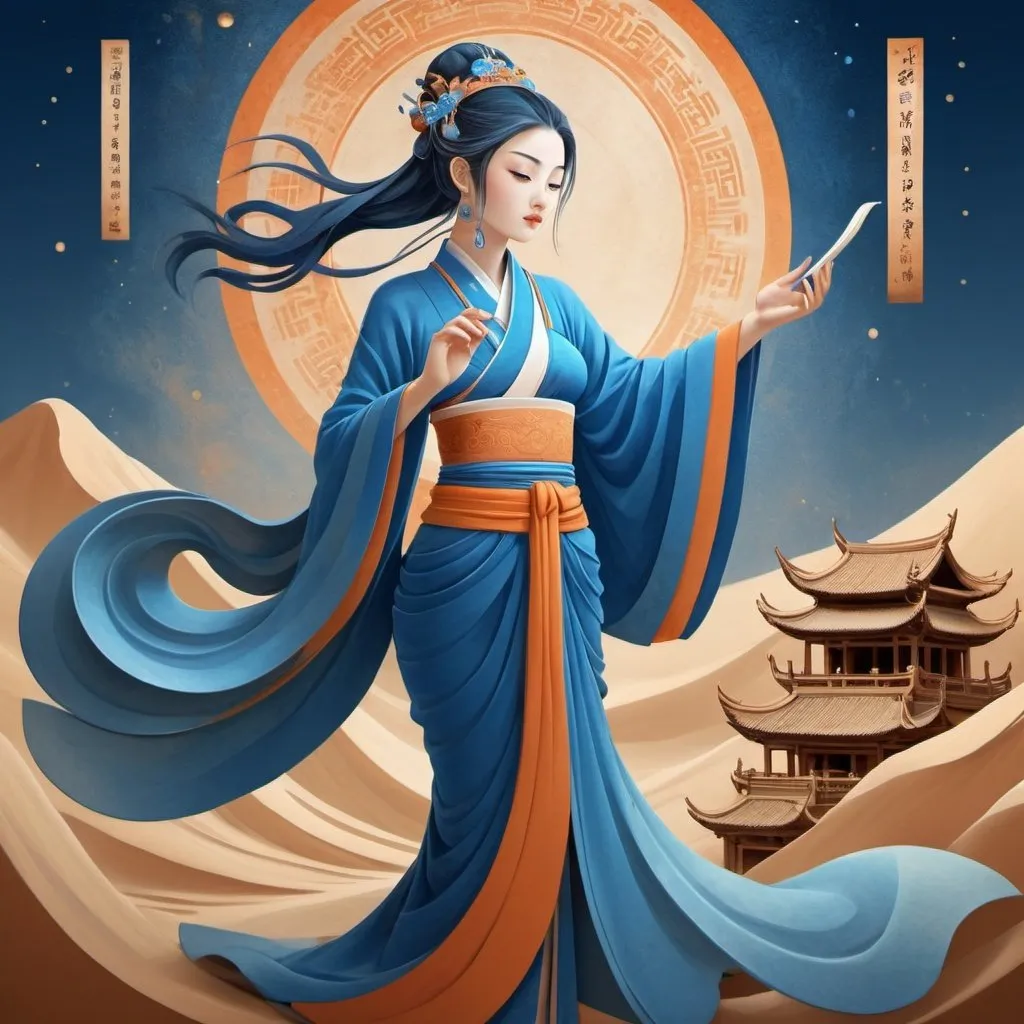 Prompt: Dunhuang art style illustration, blue tones, a tiny mysterious female figure with traditional Indonesian outfit standing on the long ancient scroll with blurred scriptures, Zen, the stars are brilliant, dazzling, light and shadow, gradient blue color, blue and orange, ancient rhyme white, super grand scenes, with fluid movements, extremely delicate brushstrokes, soft and smooth, clean background, historical paintings, 3D rendering --ar 1:4 --v 6.0 --style raw