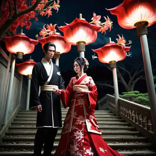 Prompt: （tmasterpiece：1.2），best qualtiy，realisticlying，Tyndall effect，Underworld marriage，Spooky atmosphere，natta，Red palace lamp， The tree， scenecy， exteriors , Handsome and beautiful aristocratic couple traveling in the underworld，Detailed eyes，Clear facial features，Japanese clothes， east asian architecture， buliding， Skysky， nigh sky， stairways，amaryllis