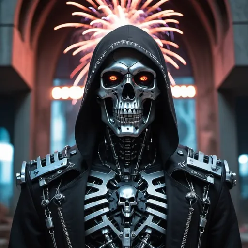 Prompt:  Reaper portrait from Marvel dressed as metal-skull with intricate angular cybernetic implants inside a brutalist building, gothic brutalist graveyard, cyberpunk, Foto premiada, Bokeh, Neon lights, cybernetic, fireworks in the background.