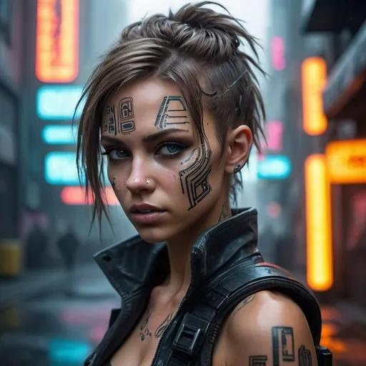 Prompt: (detailed face), (photorealistic), (masterpiece), (photography), (realistic skin texture), katya clover in a dystopian cyberpunk city, (cyborg:1.3), bladerunner, dark misty street, punk hairstyle, cybernetic face modifications, body modification, Lara Croft video game character, wearing cyberpunk clothes, neon signs, misty,,