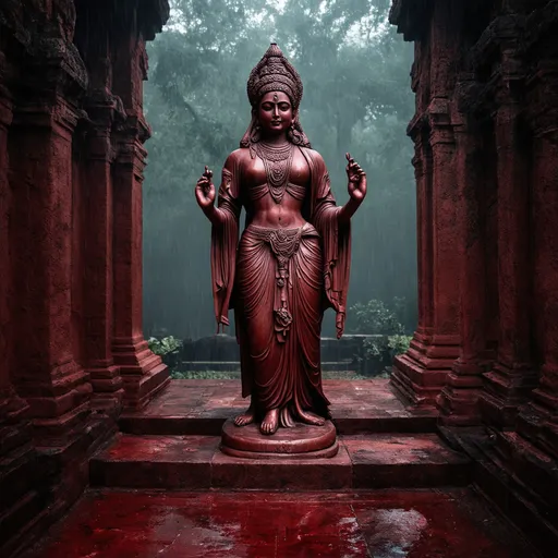 Prompt: A blood-red temple walls and floring in an ancient Indian temple  stone statue of an ancient godess sculpture of divine gods in the rain forest mist smog and fog in the blood on the temple floor flooring atmosphere and pure black ston temple in the forest  cinematic photoshoot realistic lightings ulta hdr 32k high resolution, smooth and delicate skin, noble and elegant, ultra-realistic photography vibe, shot with Canon camera, intricate details, 32k --ar 16:9 --s 750 --v 6.1