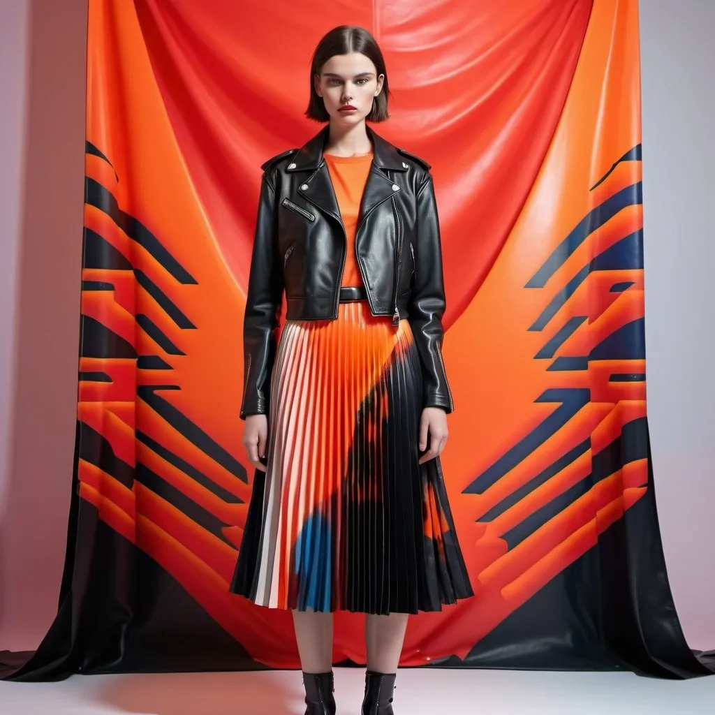 Prompt: a woman wearing a  dress made from leather, which is a mix motorcycle jacket and a long pleated skirt. With colourfull red orange neon patterns  Digital print to with still life, backdrop minimal stage, 3 variations on models