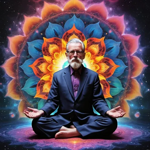 Prompt: a colorslashh An explosion of colors, hyper realistic ,liquid,, oldman sitting in a lotus position, complex stuff around, intricate in the background, Spiritual, divine, dreamlike, cosmic, mind blowing,  god, pineal gland, dream like,