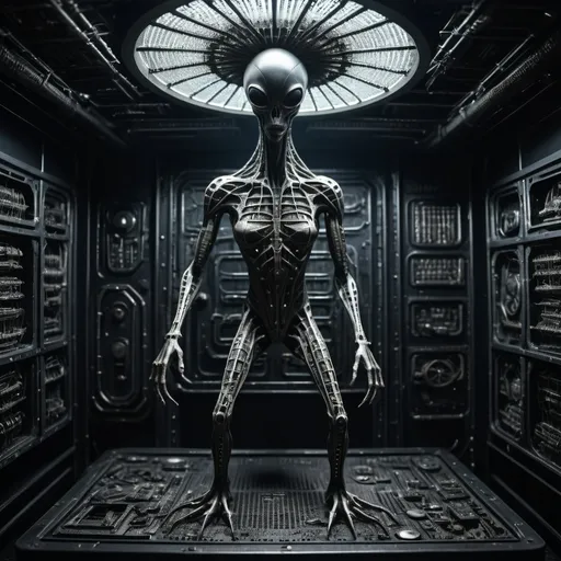 Prompt: Generate an extraterrestrial alien bstract deformed phosphorescent neuron sculpture made of various scrap iron, nails and metals on a one-dimensional perforated mesh panel in an alien ufo mothership room in HR Giger style dystopian future in a post-apocalyptic period cinematic photography photoshoot 