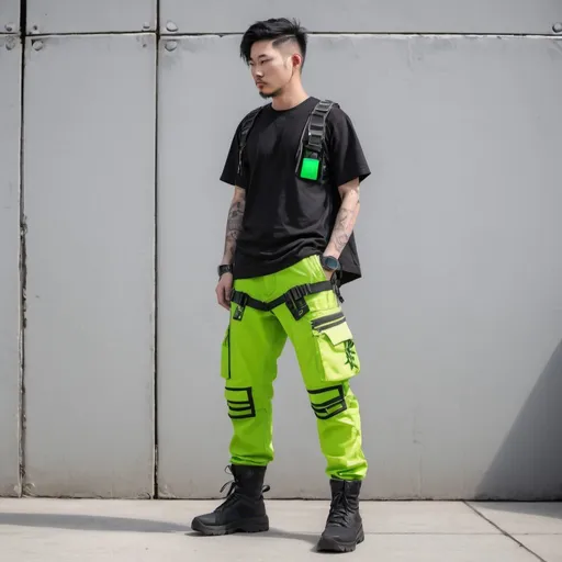 Prompt: Tech wear  bage green pants with multipal tactical pockets for storage straps and cryptic symbols in uv neon greenJapanese streat wear cargo pants