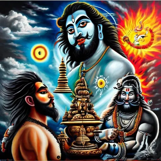 Prompt: painting of a man and a male cow with a face painted on, god shiva the destroyer, lord shiva, inspired by Kailash Chandra Meher, shiva, cyborg hindu godbody, hinduism, indian god, gawr gura, hindu aesthetic, trending on devianart, avatar image, by Sava Šumanović