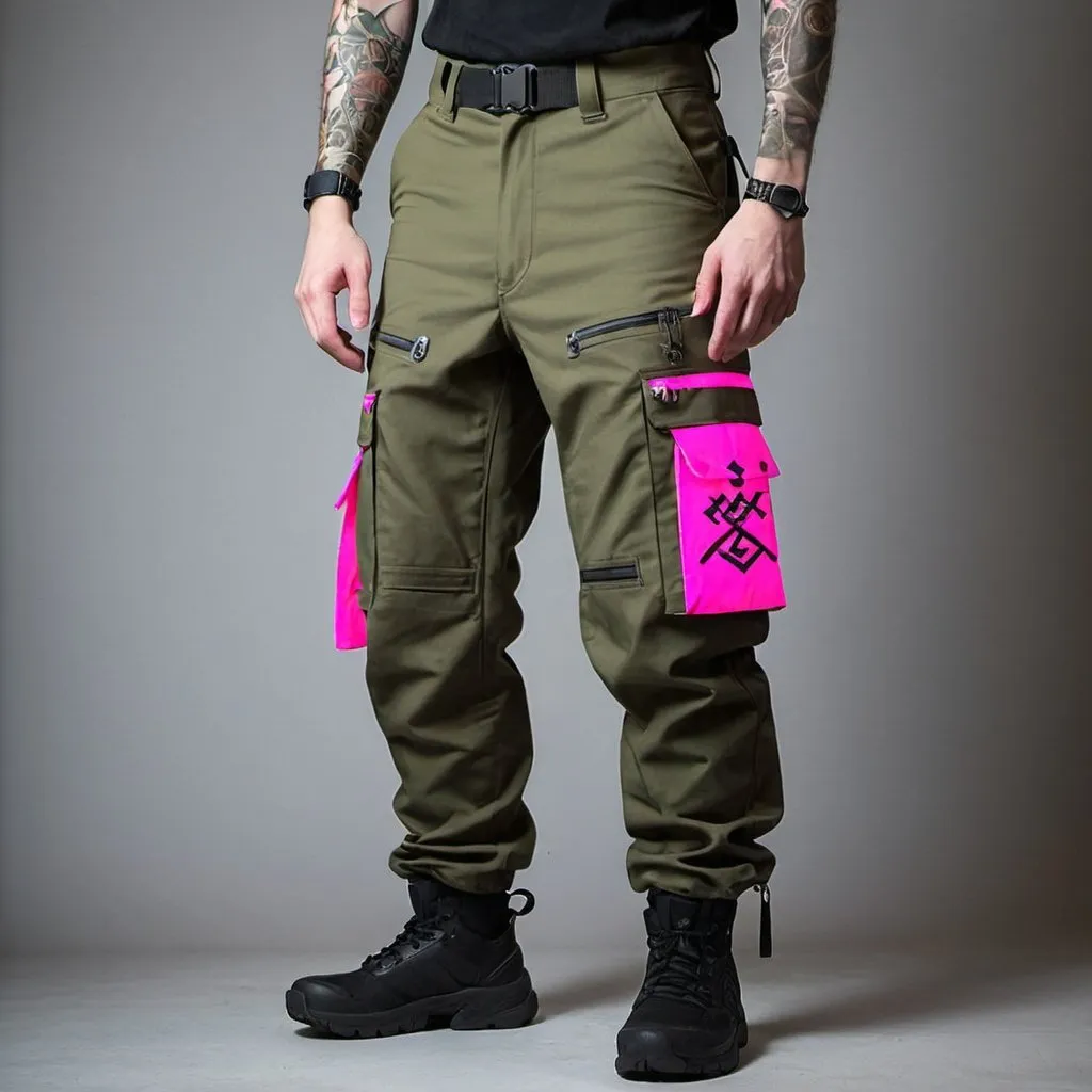 Prompt: Tech wear herb olive pants with multipal tactical pockets for storage straps and cryptic symbols in uv neon pink Japanese streat wear cargo pants