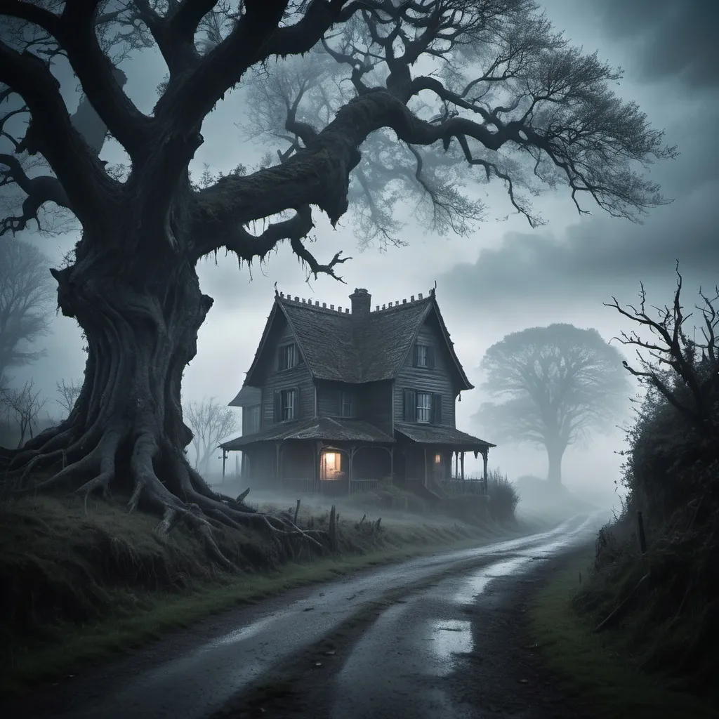 Prompt: Create a village road a single scary house with a dried huge tree with mist and fogg in the atmosphere with turning darkness in the aky