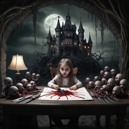 Prompt: Fine matte paintings, haunted castle with horrible dolls on drawing table full of knives, horror, eerie, scary, tentacles, vines, eyes, blood moon