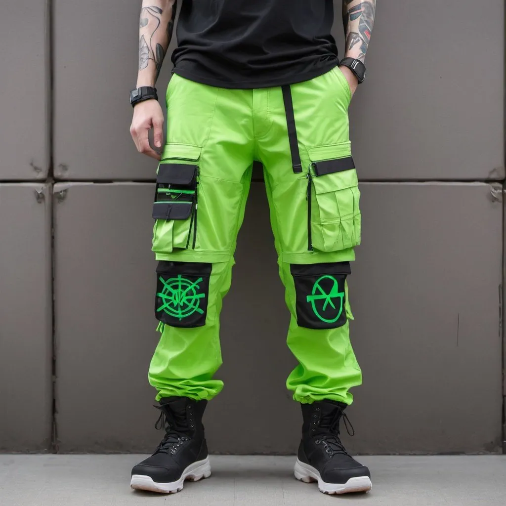 Prompt: Tech wear  bage green pants with multipal tactical pockets for storage straps and cryptic symbols in uv neon greenJapanese streat wear cargo pants