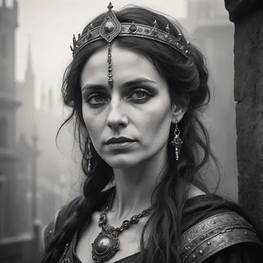 Prompt: Gothic art painting style, closeup shot of beautiful Visigoth woman, 40 years of age, in the year 500 A.D. in the foggy city of London, black and white antique photograph, tarnished film, disheveled hair, wispy hair, medieval hair style and accessories, solemn look, relaxed pose