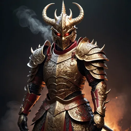 Prompt: warrior, concept-art, author：Kishiganku, Fantasy art, battleground background, clean render, a horned, Wear a suit of armor, Detailed bushido form smoke, helmet of a forgotten deity, character is standing, 8k Realistic, in game render, detailed face background detail, Art station front page, taur, Pseudo-medieval fantasy, A deity wearing koi armor, detailed bronze armor, Bronze armor, golden etched armor, gold obsidian armor, Light gold armor, Gorgeous filigree armor, A demonic warrior, Gorgeous armor full of thorns, Intricate assasin armor, Intricate metal armor, powerful warrior, Dressed in gorgeous gold armor，Decorated with intricate patterns, The helmet has a large crown and two horns,Glowing red eyes， Everything is in the dark, The smoky background alludes to battle scenes, Add an ominous aura to his character，submission, Full body shot.