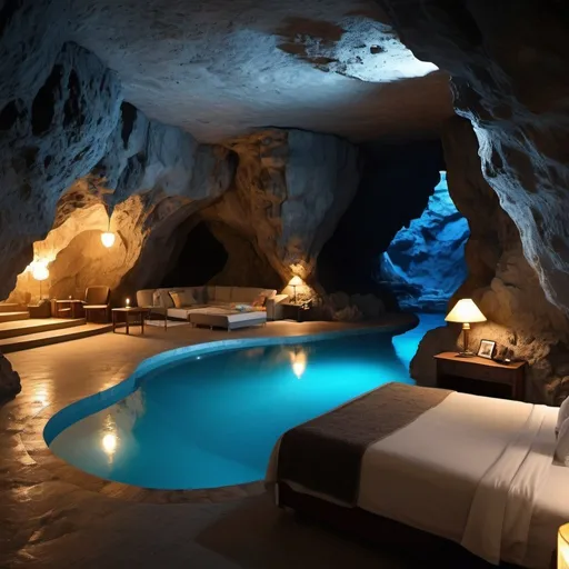 Prompt: make a photo-realistic image of a a large hotel room in the luxury hotell deep down in a large cave, 100 meters below ground. The cave is black, but many small lights make it light. Next to the hotel is a natural blue lake. The room is dark, with many small lights. It has a double bed and an indoor jacuzzi facing The cave