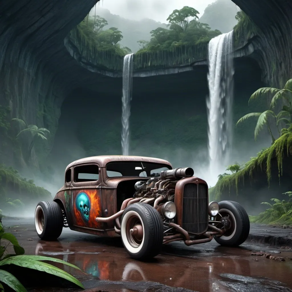 Prompt: rat_rod, at lonley highway on an alien planet, rainforrest, hyper detailed, waterfall, backside,,