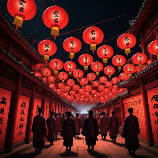 Prompt: Middle Metaverse，Chinese Ghost Festival，Hyakki Night Line，Red lanterns，The light is dim，