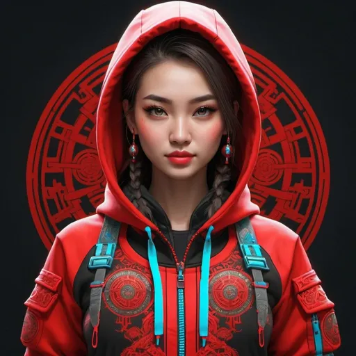 Prompt: Create a beautiful girl wearing a traditional mongolian techwear clothing hoodie with traditional tactical west  
ornaments with pouches straps multiple pockets with artwork in neon glow in red