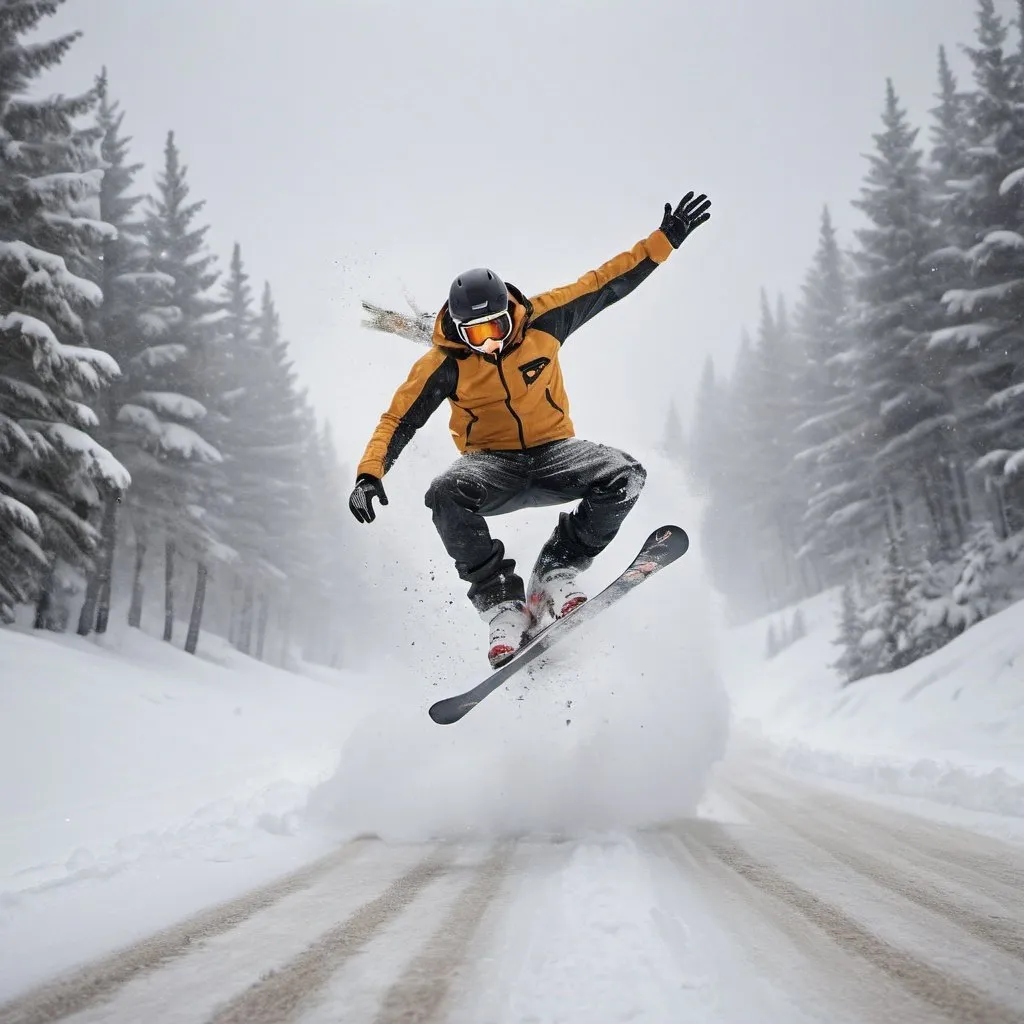 Prompt: skier, mid backflip, jumping over road, big snowstorm, crossing skis, high quality photography