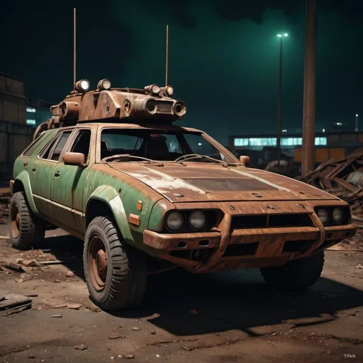 Prompt: a photo of a rusty tslas (zeekars), 3/4 front view, survival, post-apocalyptic, cyberpunk, outdoors, night, destruction, urban decay, masterpiece, photorealistic, 8k, high detail, dark theme,dark green