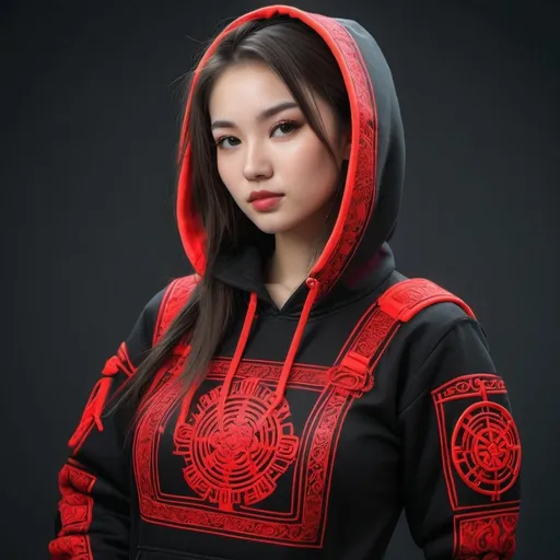 Prompt: Create a beautiful girl wearing a traditional mongolian techwear clothing hoodie with traditional tactical west  
ornaments with pouches straps multiple pockets with artwork in neon glow in red