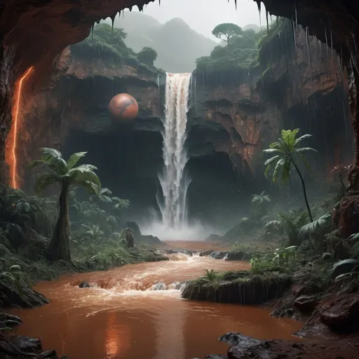 Prompt: Hyper realistic photograph of a mars jungle, massive waterfalls, rain, subtile lights, bar, k, masterpiece